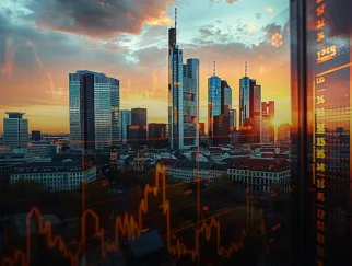 a city skyline with a graph